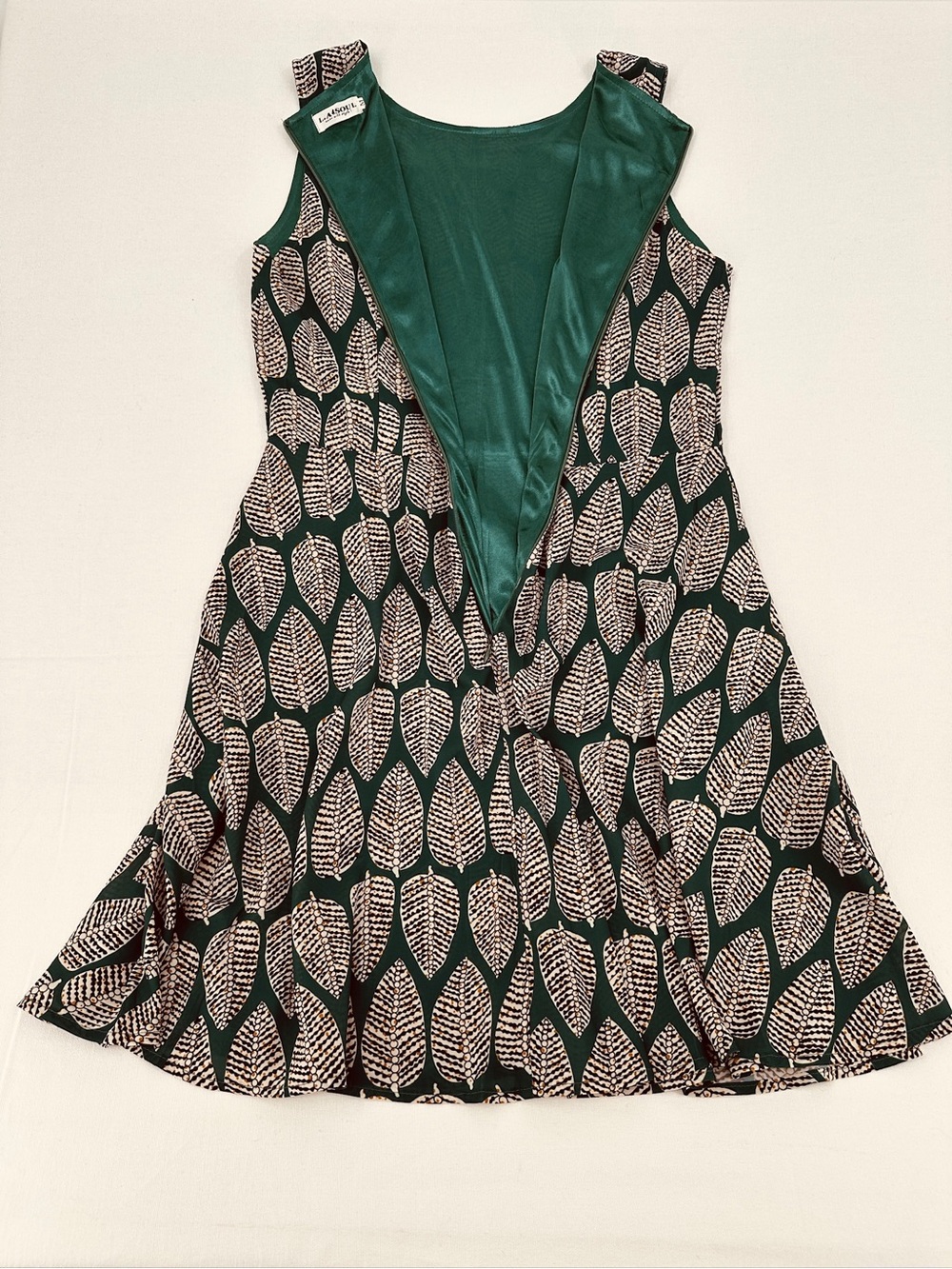 Forest Green Graphic Leaf Print Fit & Flare Dress Retro Mod Botanical M - Picture 6 of 12